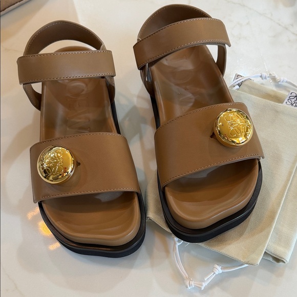 Loewe Shoes - Loewe Brown Leather Slide Sandals with Gold Medallions